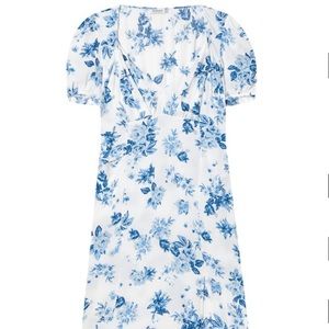 Stradivarius White Dress with Blue Flowers and Slit
